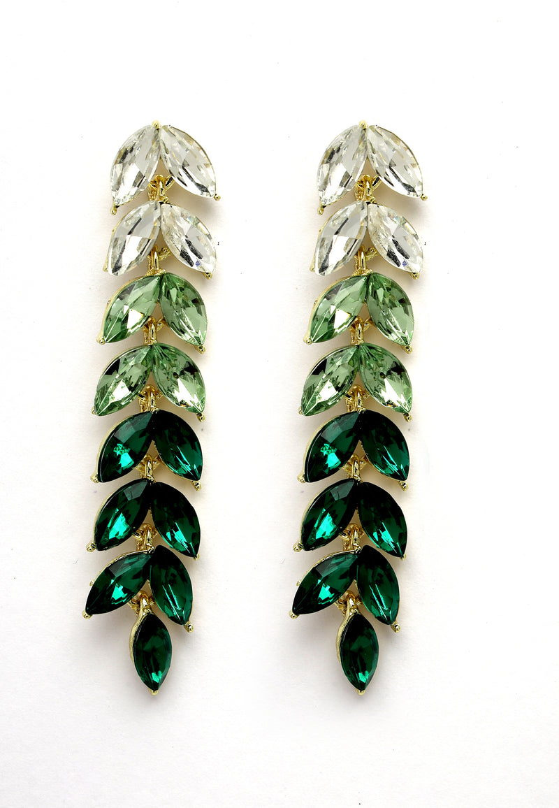 Long Drop Earrings With Sparkling Green Leaves