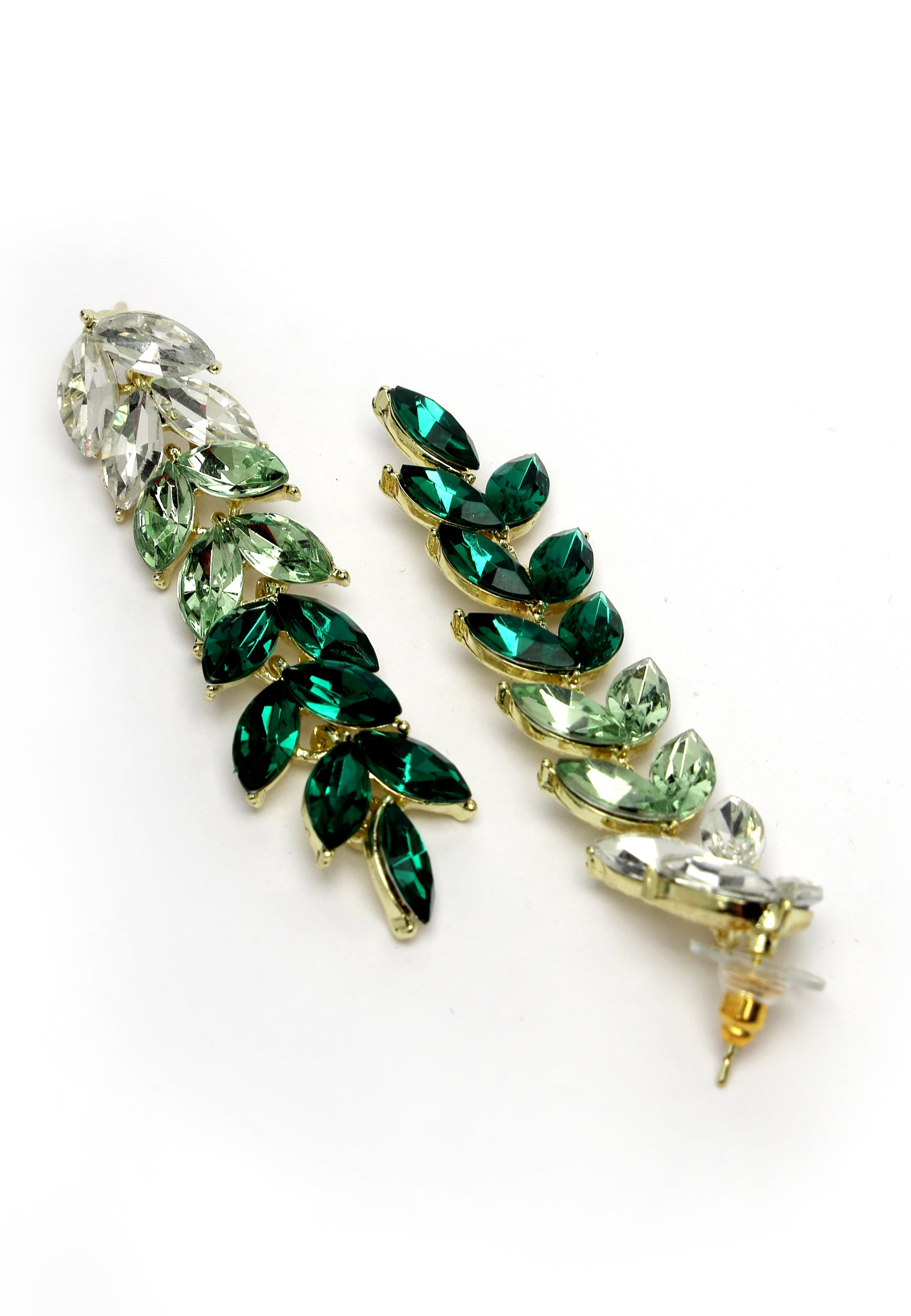 Long Drop Earrings With Sparkling Green Leaves