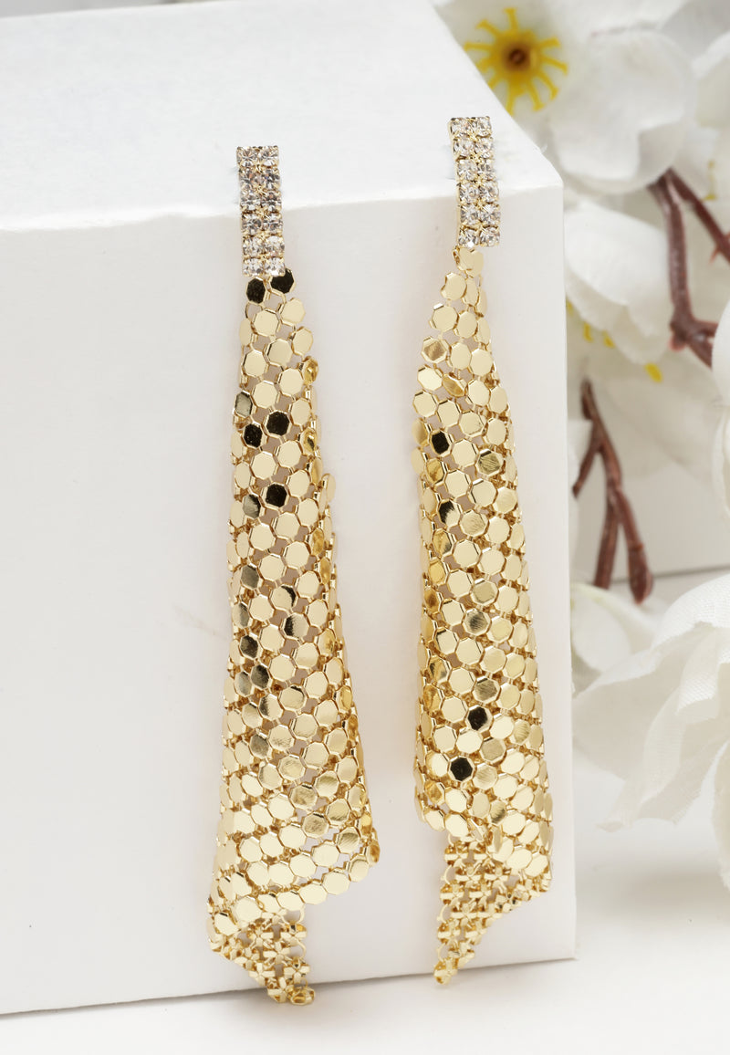Glimmering Gold Mesh Crystal Earrings
