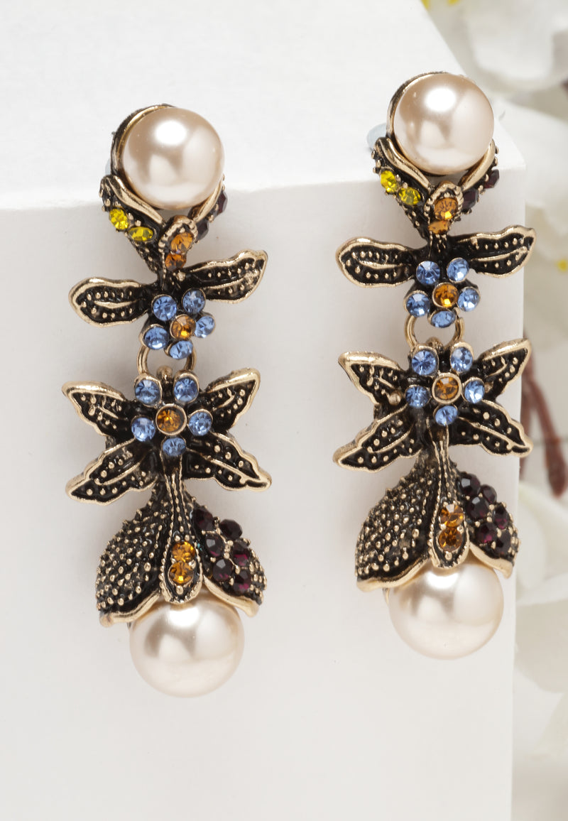Vintage-Inspired Black Pearl Flower Drop Earrings