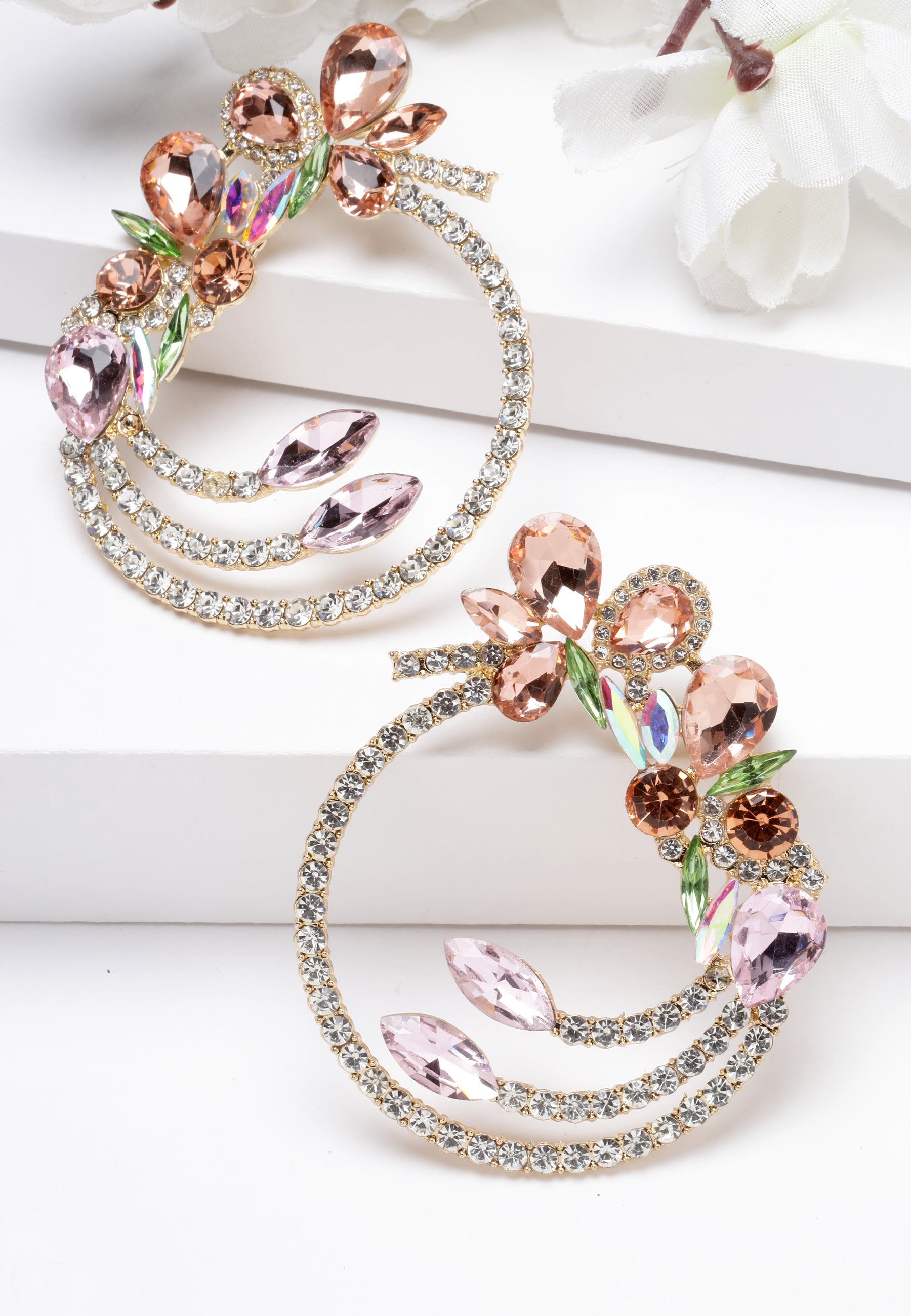 Multi-Layer Circle Crystal Earrings In Pink